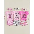 thumbnail image 3 of BemeyourBBs Baby Girl Summer Outfits Letter Boots Cow Print Crew Neck Short Sleeve Romper Shorts and Bow Headband 3 Pcs Set, 3 of 9