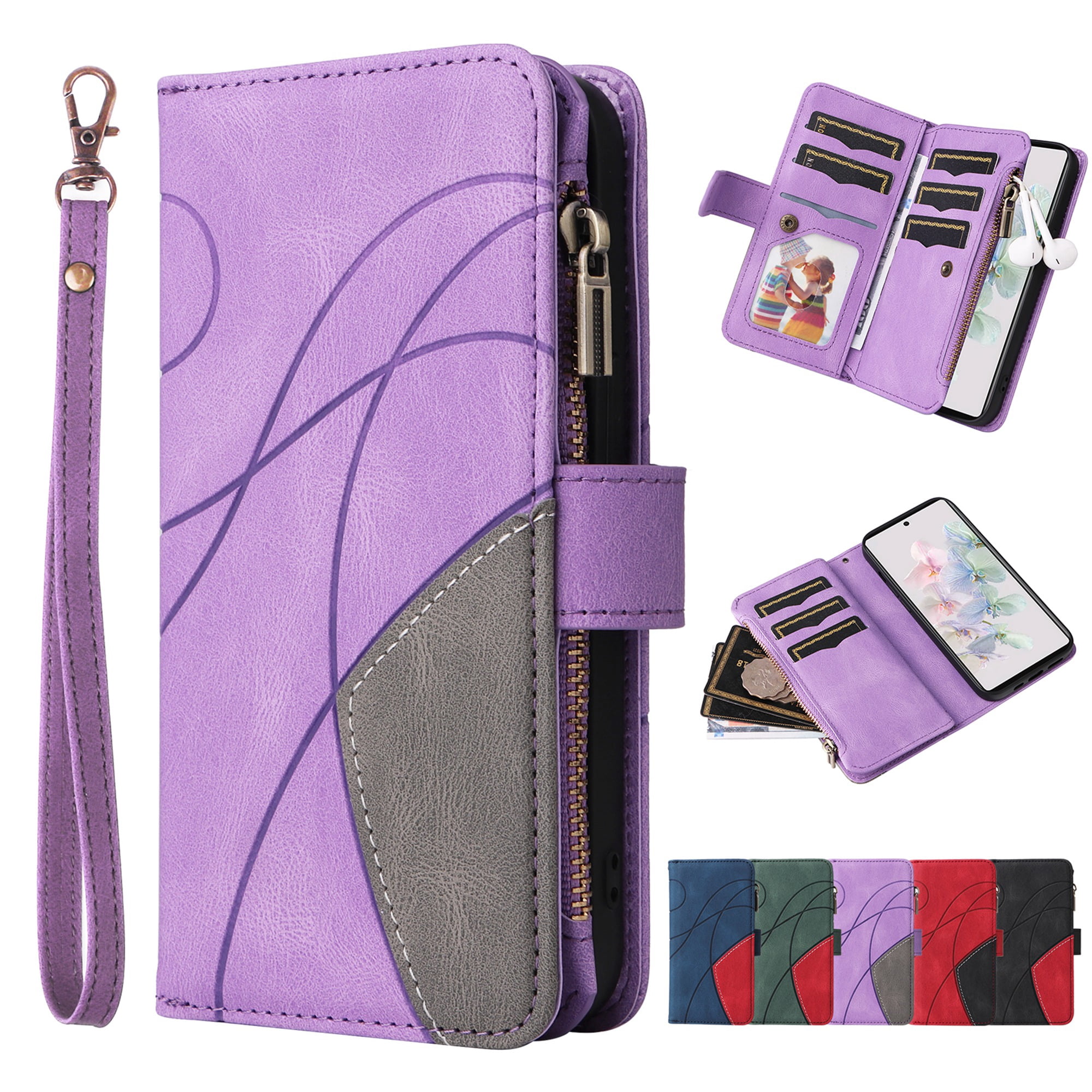 ELEHOLD Wallet Case for iPhone 8 / iPhone 7 / iPhone SE 2022 2020 for Women Men with 9 Credit Card Holder Zipper Purse PU Leather Strap Wristlet Protective Phone Cover 4.7 Inch,Purple