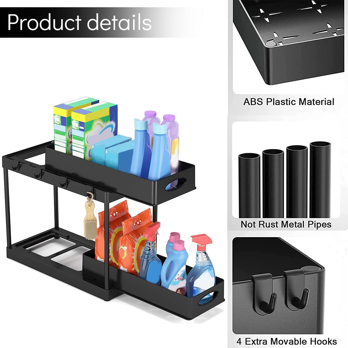 Zyerch 2 Pack Under Sink Organizer,Metal Pull Out Kitchen Cabinet Organizer  with Sliding Drawer,Sturdy Multi-Functional for Bathroom