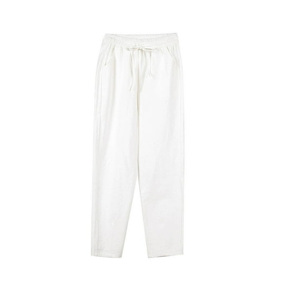 LOVZFMLL Women's Pants, Spring/Summer Women's Linen Pants Slim Loose Casual Cropped Trousers White, M
