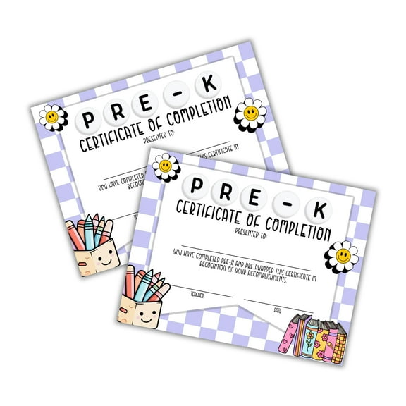 Pre-K Certificate of Completion Graduation Diploma 30pk 8.5x11 90s Seed Bracelet Checkered Purple Award Theme Trendy Minimalist
