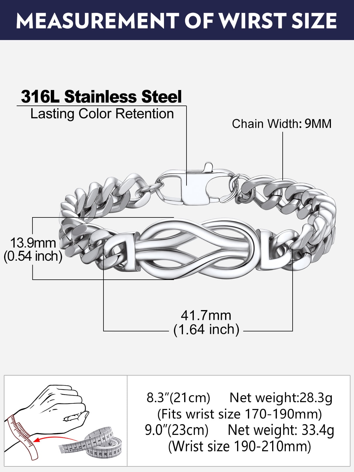 Bandmax 8.26'' Cuban Chain Bracelet for Men Women Stainless Steel Love Infinity Knot Bracelet Link Chain Gift with Specific Card for Grandson