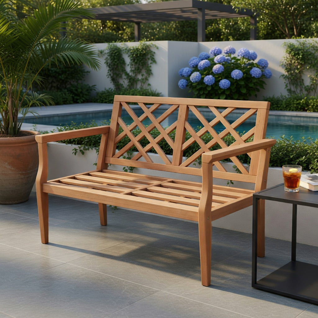 Hommoo 2-Person Outdoor Teak Wood Garden Bench with Ergonomic Backrest & Armrests, Weather-Resistant Patio Seating for Yard, Porch, Poolside, Natural