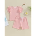 thumbnail image 3 of Baby Girls 2 Piece Outfit Solid Color Ribbed Ruffle Short Sleeve T-Shirt and Elastic Shorts Set Summer Clothes, 3 of 10