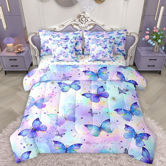 Homewish Chic Butterflies 7-Piece Twin Bedding Sets,Watercolor Splashing Ink Bedding Comforter Set,Purple Pink Ombre Sheet Sets For Girls Kids,Microfiber Bedroom Decor Reversible