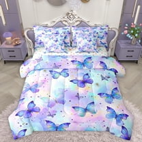 Homewish Chic Butterflies 7-Piece Twin Bedding Sets,Watercolor Splashing Ink Bedding Comforter Set,Purple Pink Ombre Sheet Sets For Girls Kids,Microfiber Bedroom Decor Reversible
