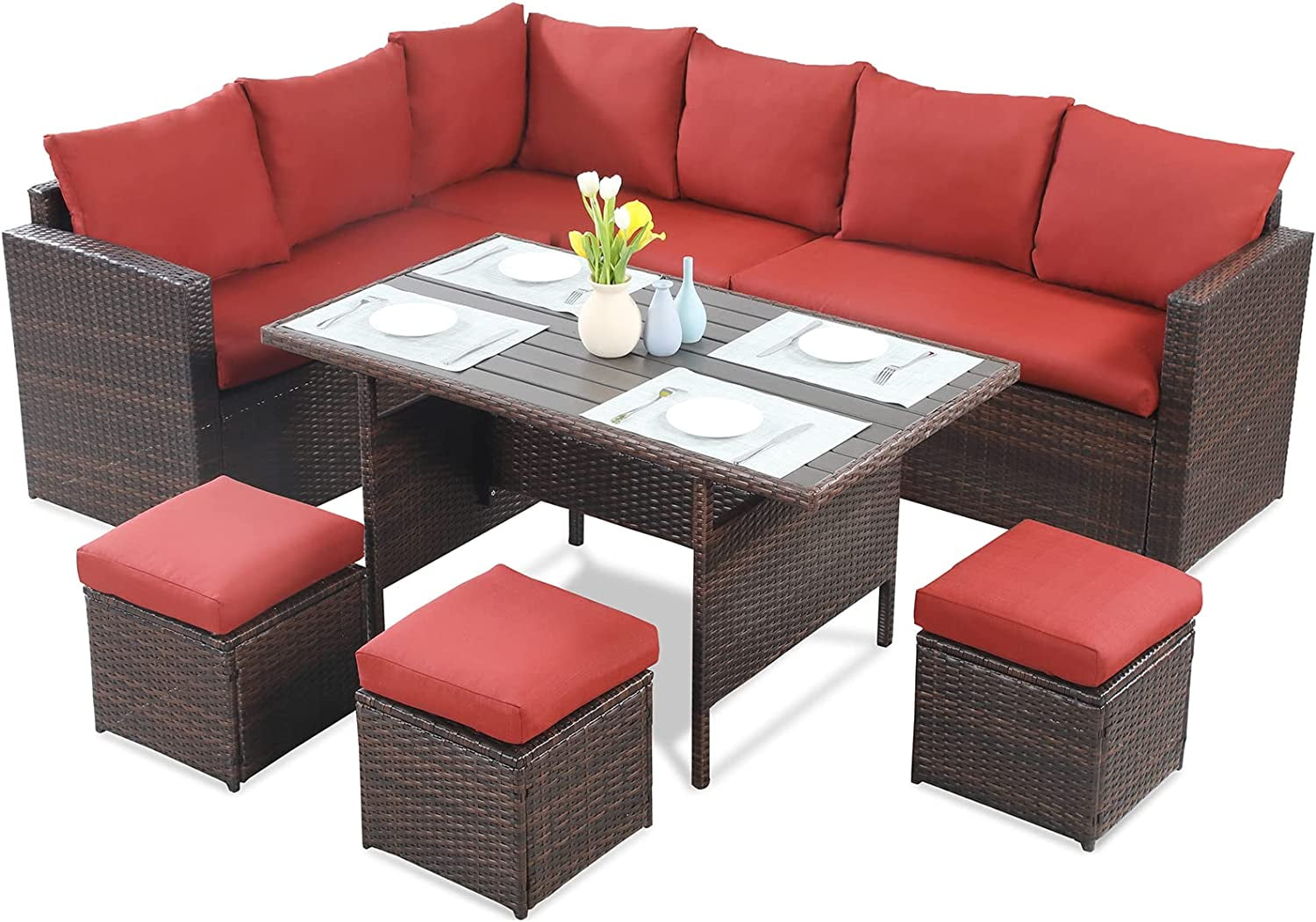 CozyHom 7 Pcs Outdoor Patio Wicker Sectional Sofa Furniture Set, Seating Dining Sets All Weather Rattan Conversation Set With Table&Ottoman, Red