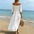 thumbnail image 5 of ClodeEU Women's Off The Shoulder 3/4 Sleeve Maxi Dress, Casual Tunic Waist Beach Dress with Side Slit White,Women's Plus L, 5 of 7