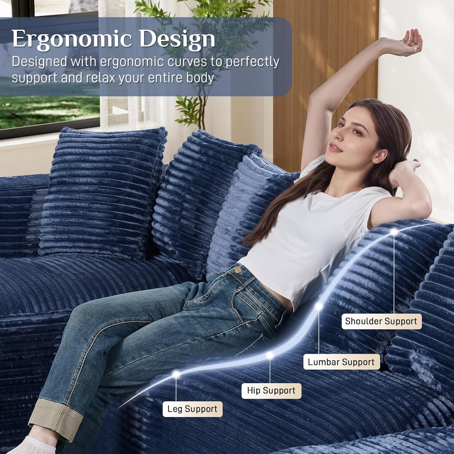 Wiilayok U Shaped Sectional Sofa,Modular Cloud Corduroy Sofa Couch with Extra Deep Seat for Living Room Sofa, No Assembly, Blue