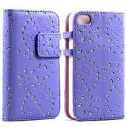 KIKO Wireless iPhone 4S 4 Diamond Flip Leather Wallet Business ID Bank Credit Card Slot Holder Case Stylish Cover Unique Design Shinning Flower Fashion Glitter Stand for Apple iPhone 4 4S