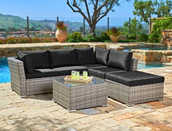 Suncrown Outdoor Furniture Sectional Sofa (4-Piece Set) All-Weather Grey Checkered Wicker... by Suncrown