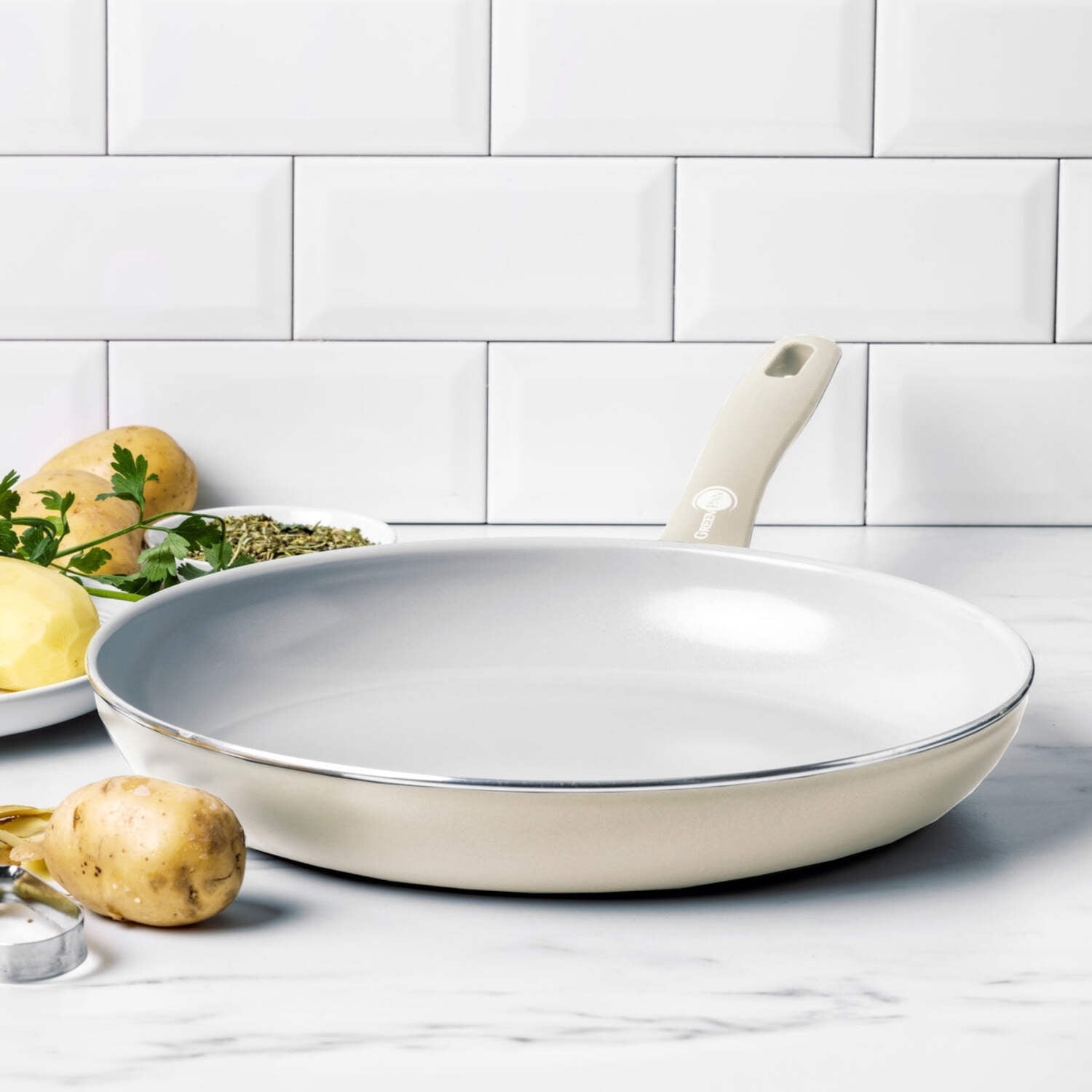 GreenPan Dover 12” Frying Pan Skillet, Non-Toxic Ceramic Nonstick, Cream White