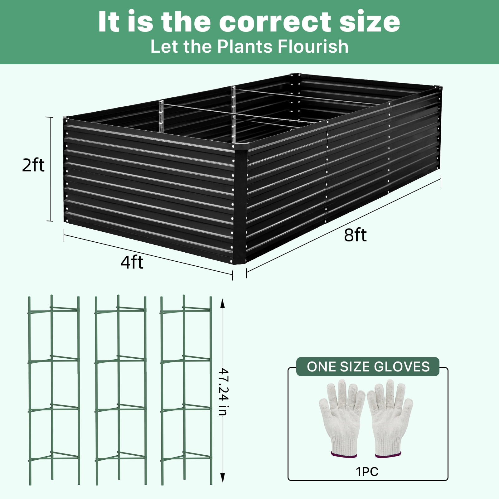 AMOBRO 8x4x2ft Outdoor Metal Raised Garden Bed Planter Box for Vegetables, Flowers, Herbs w/ 3 Tomato Cages Black