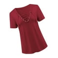 thumbnail image 4 of T-Shirt Femme Col en V Manches Courtes Haut Couleur Unie Blouse Décontractée, Rouge Vin, TG, 4 of 7