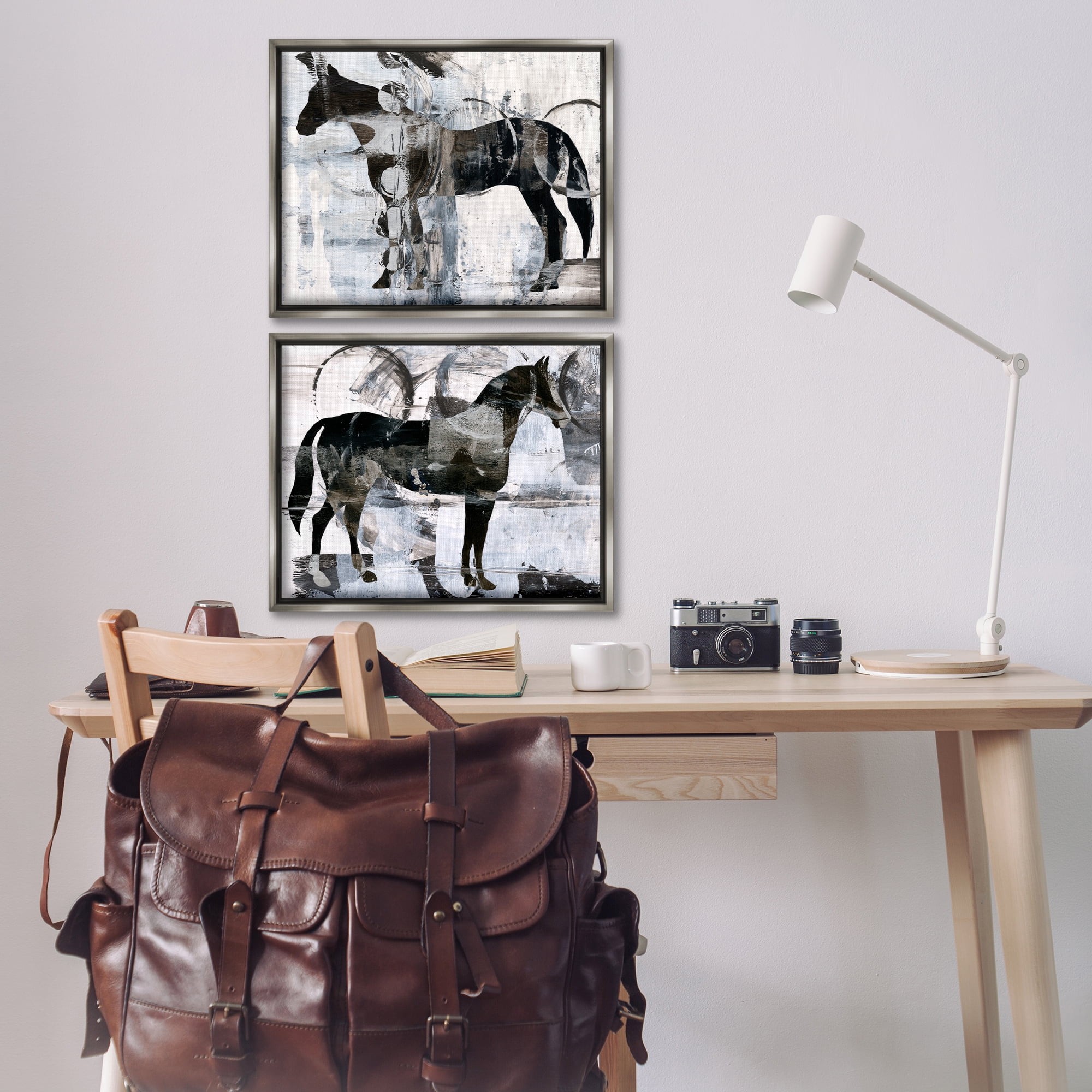 Stupell Industries Abstract Horse Silhouette Circles Animals Painting Gray Floater Framed Canvas Art Print Wall Art, 21 x 17, Set of 2