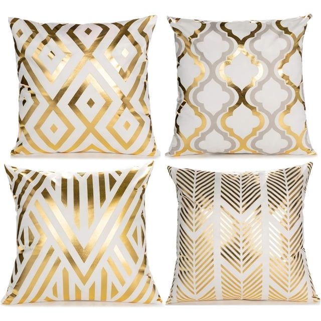 Juego de 4 fundas de almohada geométricas, color blanco y dorado, fundas de cojín decorativas cuadradas para sofá al aire libre, 18.0 x 18.0 in