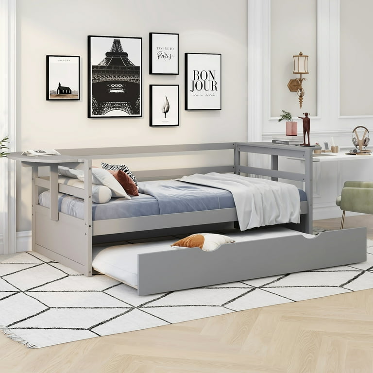 Free Shipping Euroco Pine Wood Twin Size Daybed with Trundle and Foldable Tables for Bedroom Gray Walmart