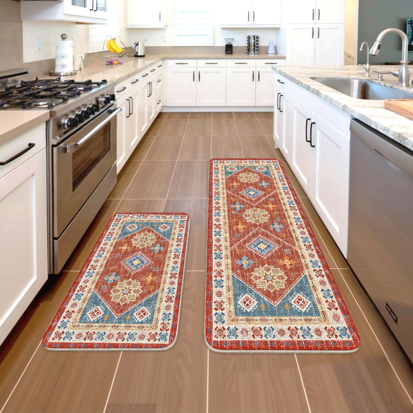 Red Boho Kitchen Rugs and Mats Set of 2, 17"x47"+17"x30" Non-Slip Machine Washable Runner Rugs for Kitchen Floor, Soft Kitchen Mat Set for Home,Laundry Room,Floral Pattern