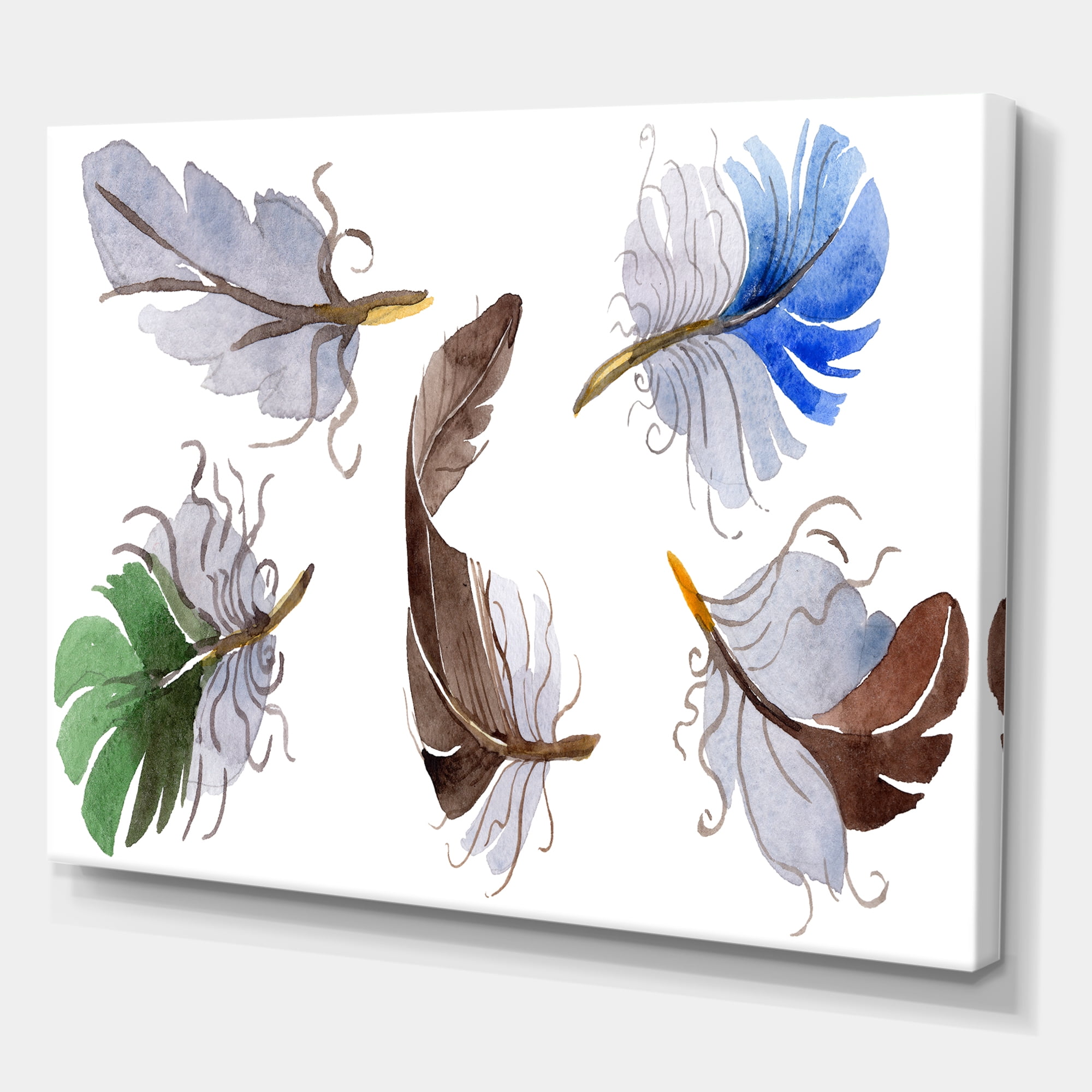 Designart ' Colourful Boho Feather Set On White IV ' Bohemian & Eclectic Canvas Wall Art Print