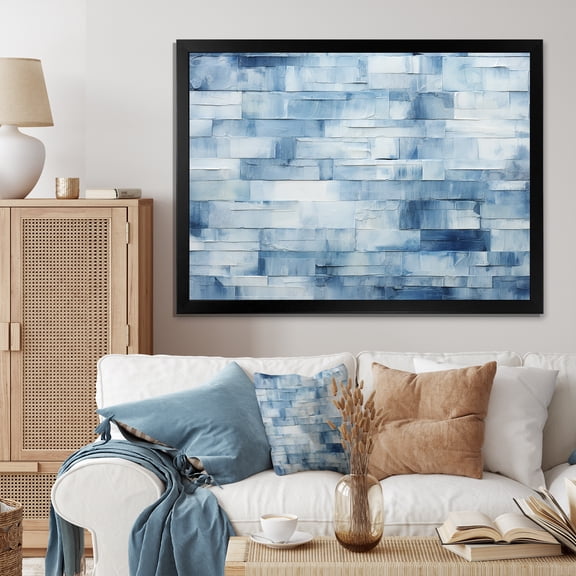 Designart "Scandinavian Tiles in White and Blue III" Geometric Framed Wall Art Decor - Bohemian Blue Boho Mosaic Living Room Framed Canvas Art