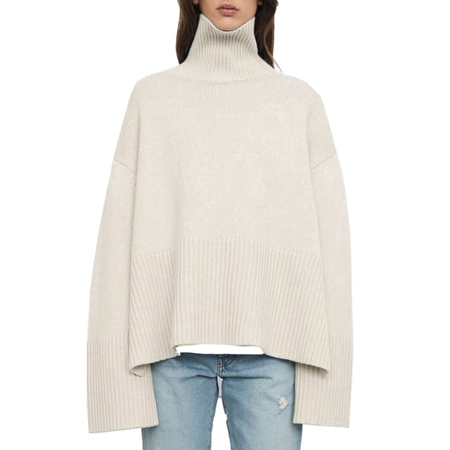 EGNMCR Chandail Col Roulé pour Femmes, Pulls pour Femmes Chandail Décontracté à Manches Longues Chandail Col Roulé Fente Latérale Blouse Tricotée Ample Chandail pour Femmes
