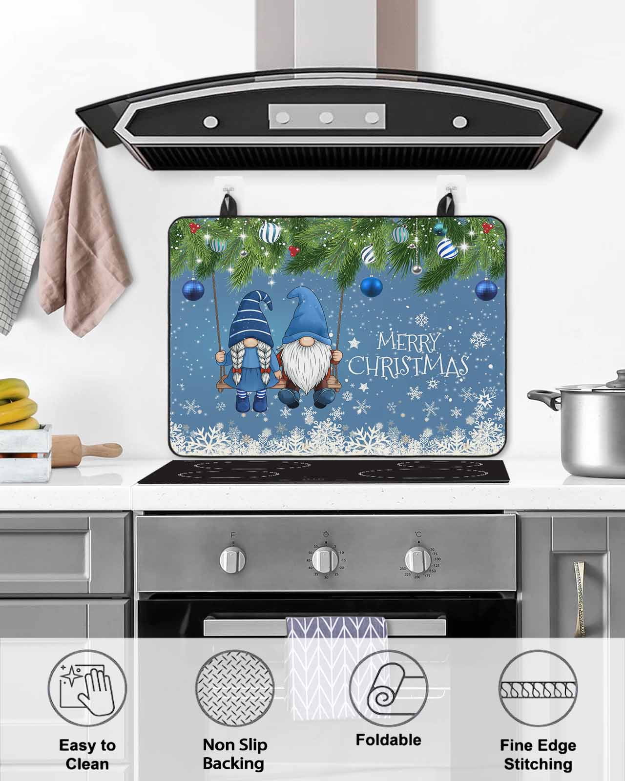 Large Induction Cooktop Protector Mat Blue Teal Gnomes Christmas Stove Top Covers for Electric Stove, Xmas Weeping Balls Snowflake Decorative Stove Burner Cover Mats, Glass Top Stove Cover