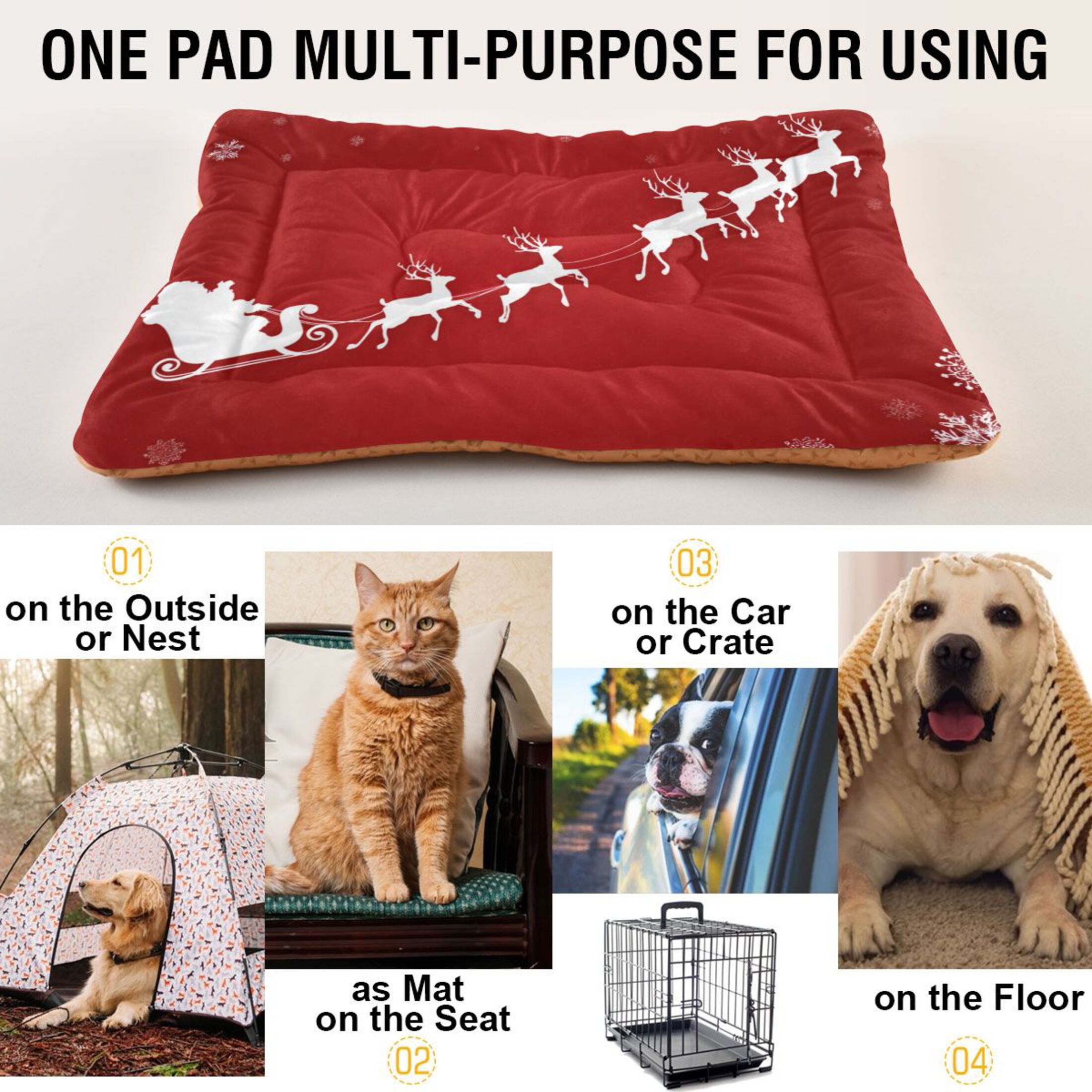 Cozy Mat Pet Bed Indoor Outdoor Warm Soft For Cat Dog Puppy(S/M) Red Background with White Snowflakes