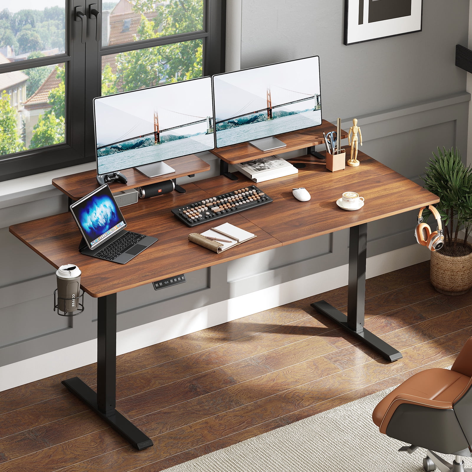 63 x 24 Inches Standing Desk with 2 Adjustable Monitor Shelves,  Electric Stand Up Desk Adjustable Height from 28-46 inches for Home and Office, Walnut