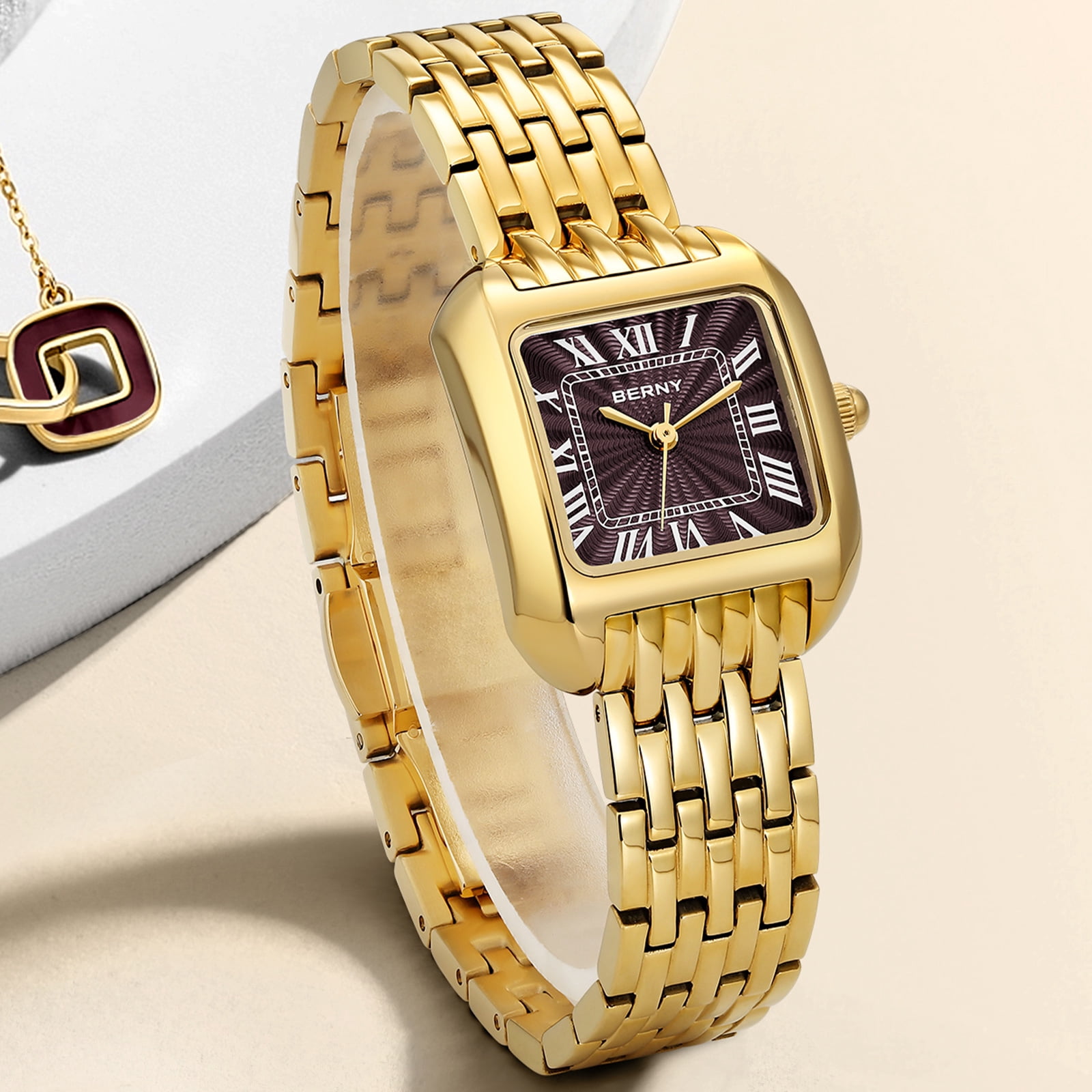 BERNY Gold Watches for Women, Square Dainty Ladies Analog Quartz Watch with Roman Numeral, Stainless Steel Bracelet Watch, Classic Waterproof Women Wristwatch Gift, Brown