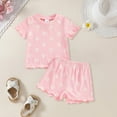 thumbnail image 2 of XXWXYD Toddler Girls Summer 2-Piece Set Ribbed Knit Ruffle Top + Striped Shorts Casual Outfit Floral Fruit Print Stretchy Cotton Play Clothes, 2 of 9