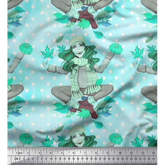 Soimoi polyester Crepe Fabric Dot,Autumn Leaves & Girl Winter Theme Printed Fabric 1 Yard 42 Inch Wide