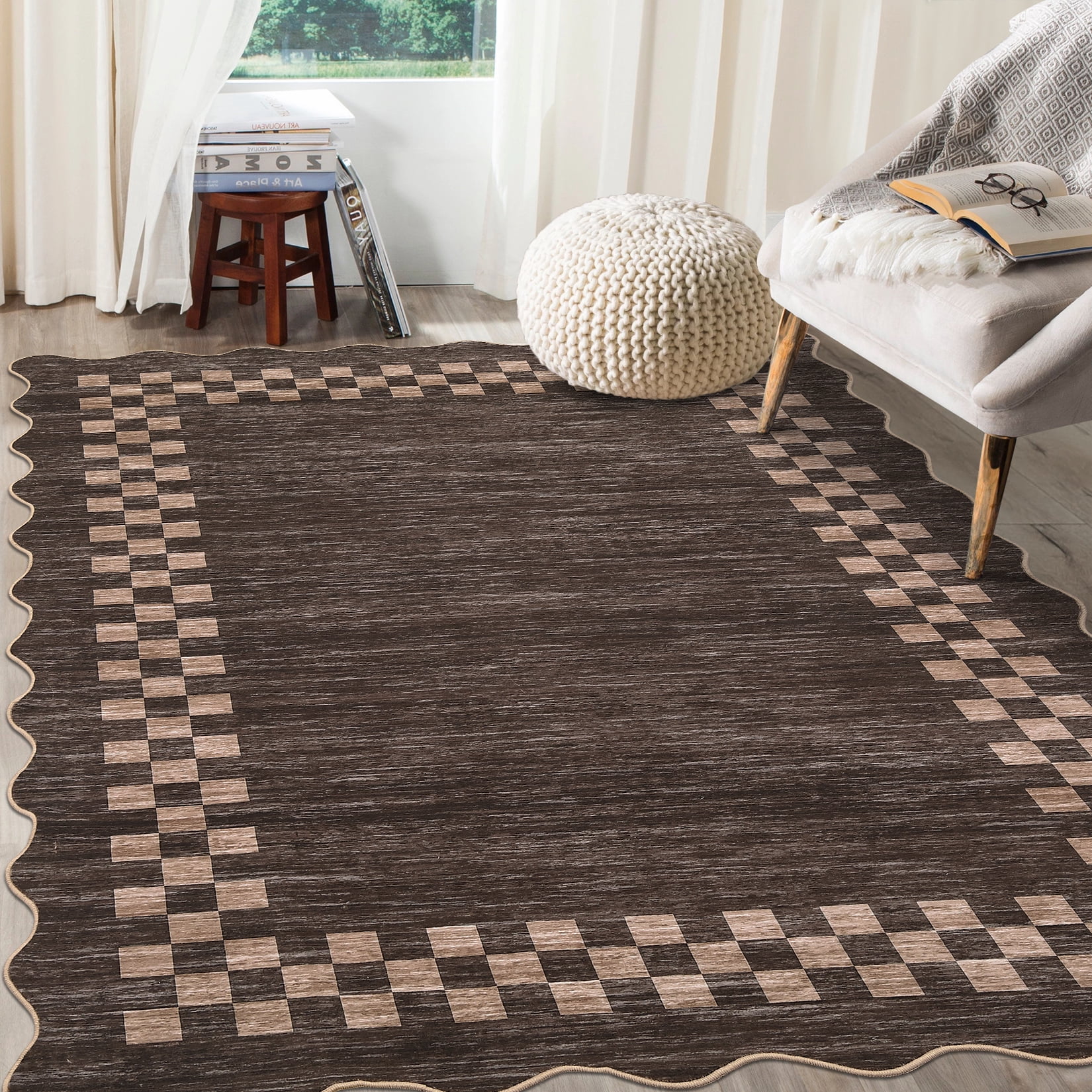 HOMERRY Large Scalloped Border Plaid Non-Shedding Area Rug 9' x 12' for Living Room Washable Indoor Carpet, Brown