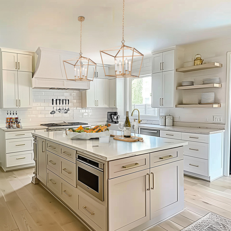 LNC 4-Light Matte Gold and White Modern Cage Chandelier for Kitchen Island