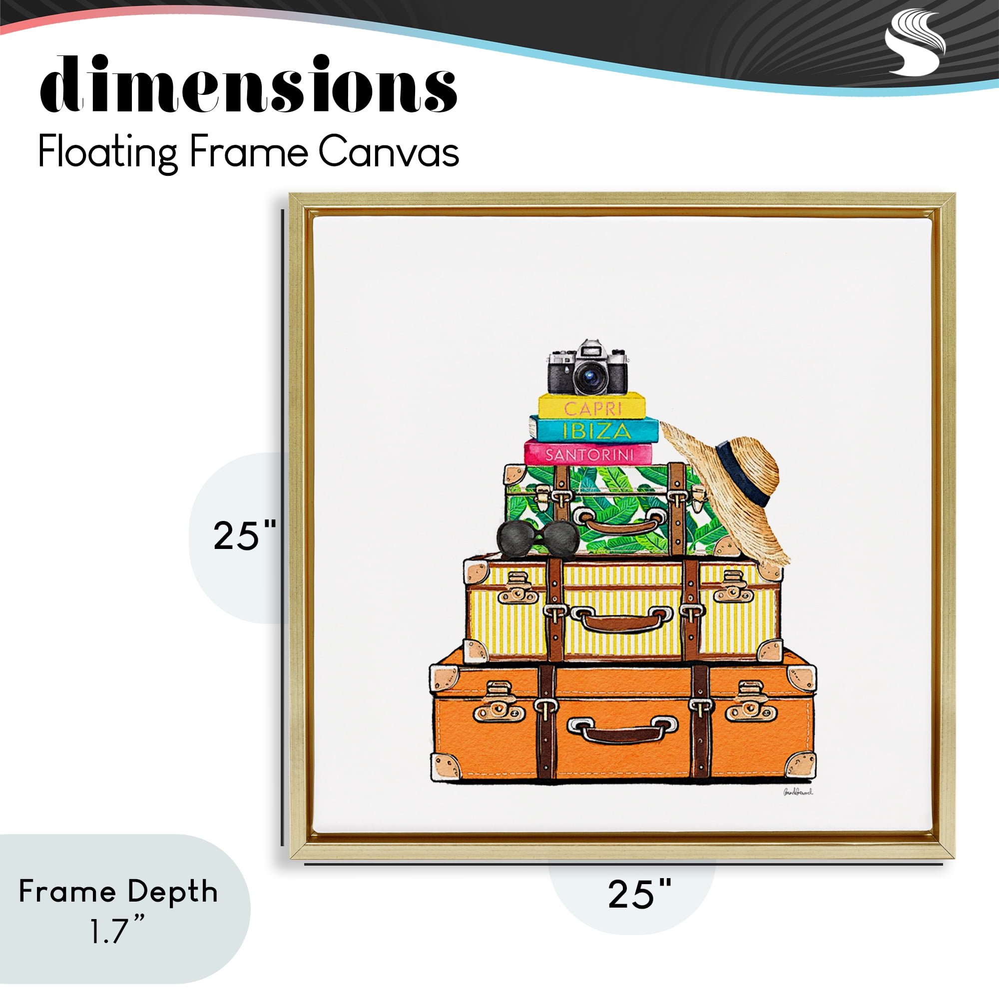 Stupell Industries Travel Suitcases & Camera Gold Framed Floater Canvas Wall Art, design by Amanda Greenwood