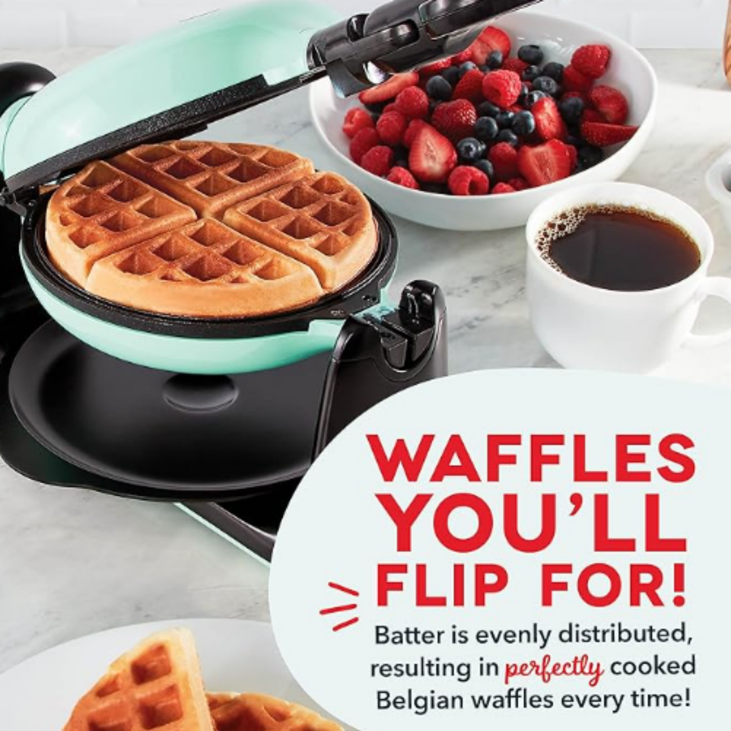 Flip Belgian Waffle Maker – 1” Thick Waffle Mold, Nonstick Waffle Iron with Quick Heat-Up, Surface - Rotating Belgian Waffle Maker for Kids and Families, Just Add Batter (Aqua)