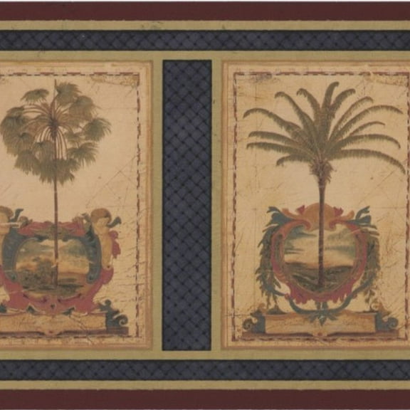 Concord Wallcoverings Wallpaper Border Exotic Plants Pattern Palm Trees Vintage Collage for Living Room, Green Red Beige Gold Grey Navy, 9 Inches by 15 Feet AU5083B