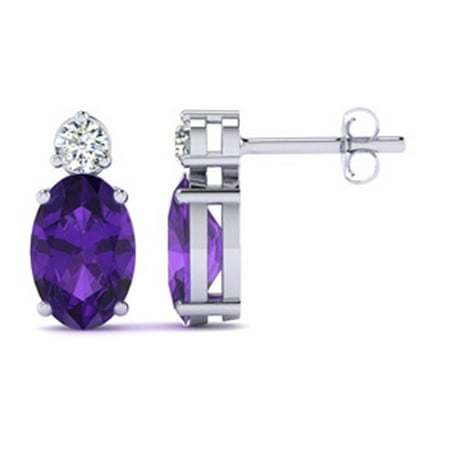 1 Carat Oval Amethyst and Diamond Stud Earrings In 14 Karat White Gold