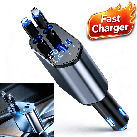 Axidou 120W Retractable Car Charger, Car Accessories, Fast Charge Adapter with Dual USB-C & USB-A Ports for iPhone, Samsung, Car Decor Gifts for Men Women