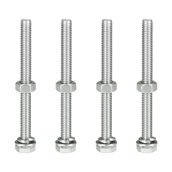 Uxcell M6 x 70mm Hex Head Screws Bolts, Flat & Lock Washers Kits, 304 Stainless Steel Fully Thread Hexagon Bolts 4 Sets