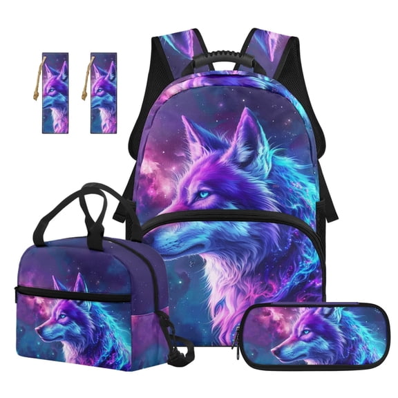 Jeiento Galaxy Wolves 17 Inch Backpack and Lunch Box Set for Kids Boys Girls 4 Piece Set Backpack Set with Pencil Case & Bookmarks, Large Capacity Bookbag for Elementary School