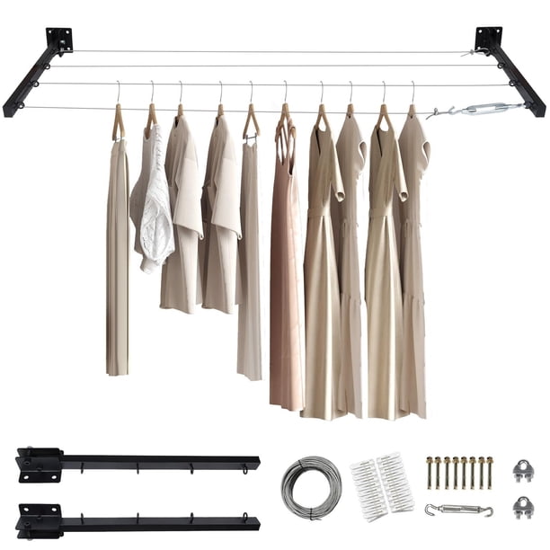 Tendedero Plegable, Tendedero Retractil Pared, Cable de Acero, Reforzado con Metal, para Colgar Ropa y Mantas Pesadas, Adecuado para Patio, Balcón, Terraza, Exterior(Negro, 4 lineas)
