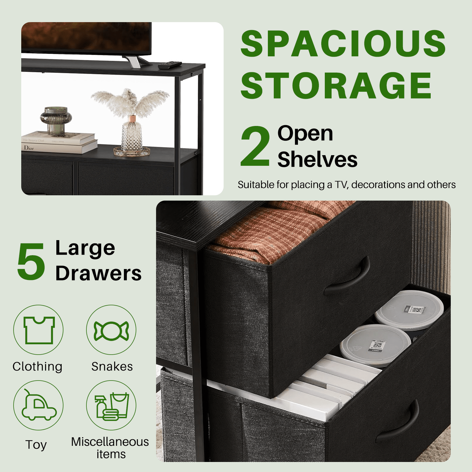 TINKLE WELL Storage dresser TV stand with 5 Fabric Drawers and Wood Open Shelf, Media Console Organizer for 45'' TV, Ideal for Living Room, Bedroom, or Apt, Black