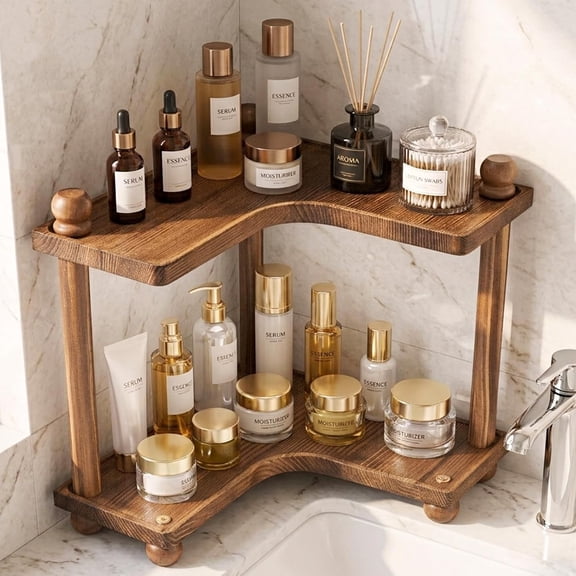 Bathroom Counter Organizer, Wooden Corner Vanity Shelf