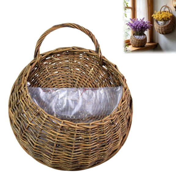 Hand Woven Wicker Hanging Basket with Plastic Liner, Wall Mount Rattan Flower Planter Basket for Dried Florals Greenery Home Wall Decor