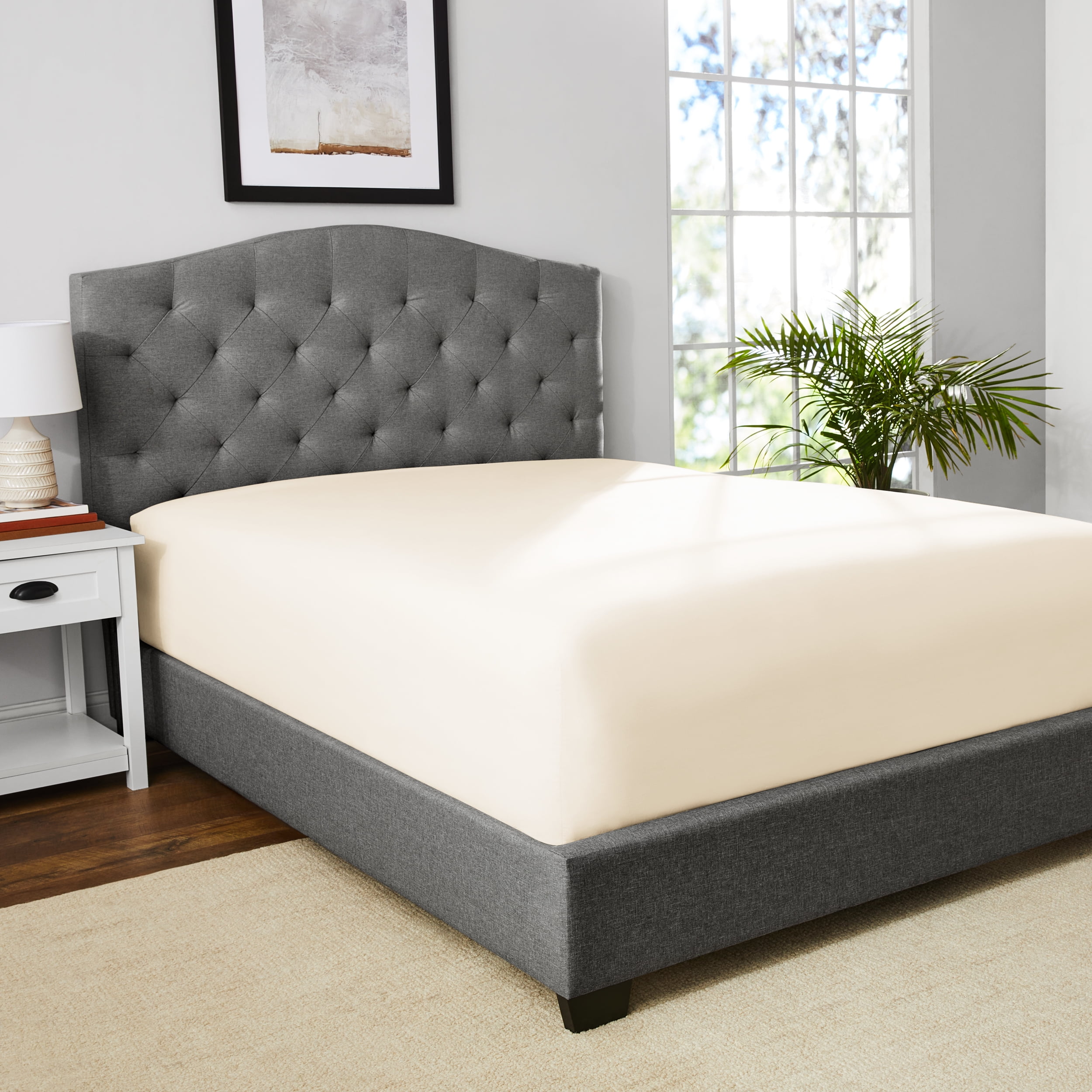 Mainstays 300 Thread Count Easy Care Beige Cotton Blend Percale Fitted Bed Sheet, Twin