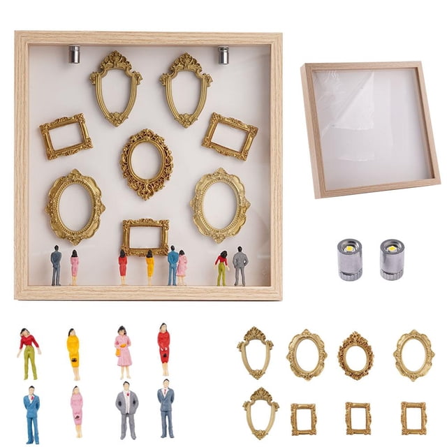 DIY Mini Museum Silhouette Box with LED Lights, Creative Memory Display Kit with 8 Gold Frames & Figurines, Home Decor Gift