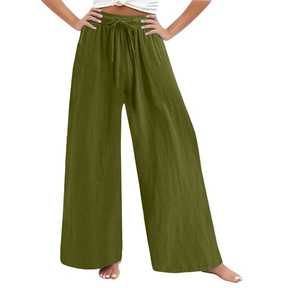 Women’s Loose Wide Leg Pants Casual Solid Color High Waist Trousers with Drawstring, Comfortable Lightweight Long Pants for Daily Wear Army Green