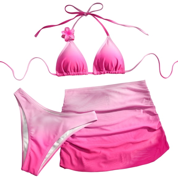 JoveMarine Women's Gradient Color Tie-Dye Bikini Set, Three-Piece Swimwear for Beach Vacation, Trendy Bikini Sets for Women with Adjustable Ties,Hot Pink L