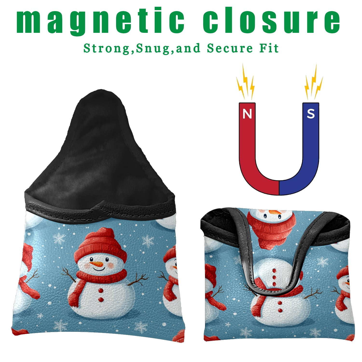 Golf Mallet Putter Cover Premium Leather Waterproof Golf Putter Head Cover with Magnetic Closure Christmas Snowman