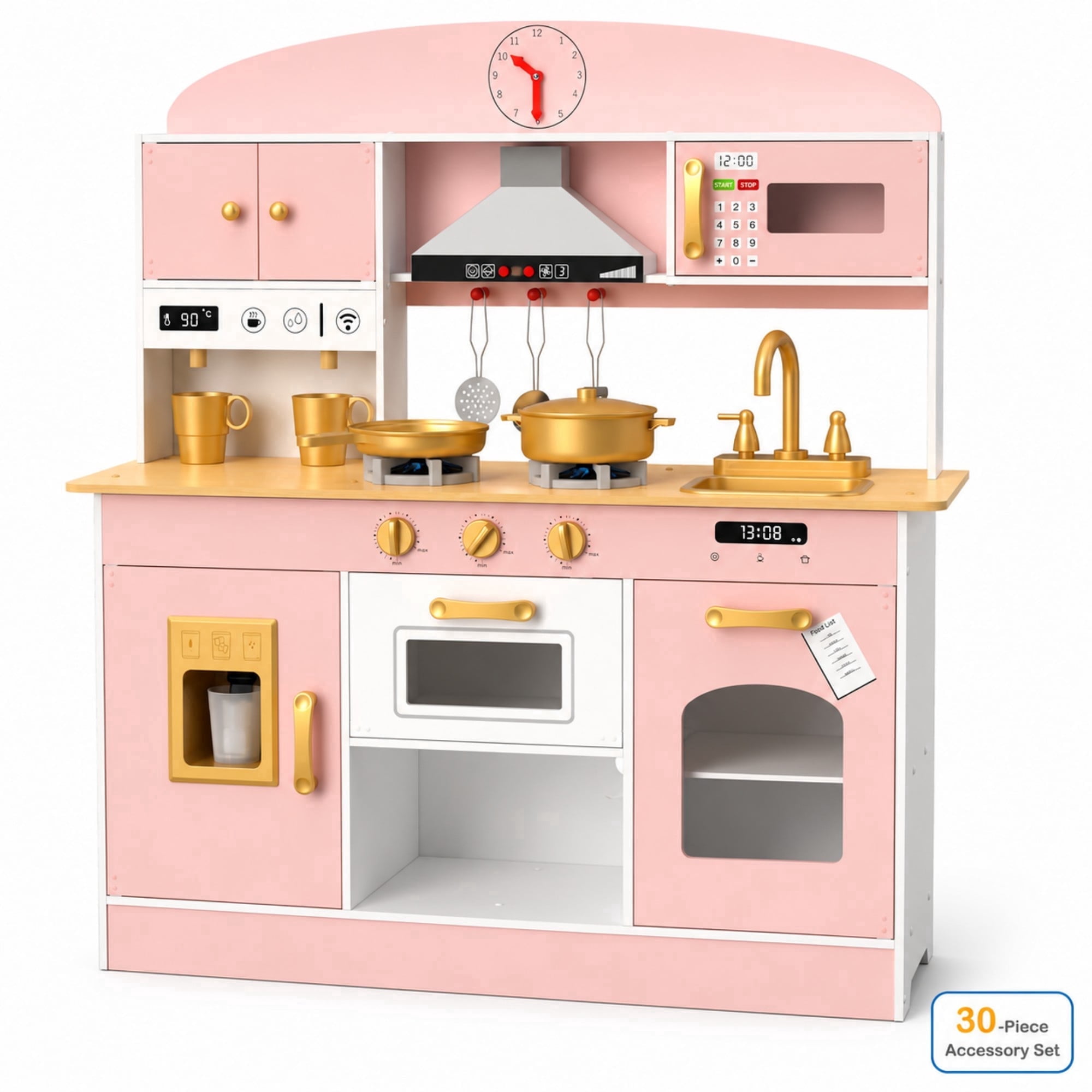 Oswerpon Wooden Kids Play Kitchen Pretend Play Kitchen Set with Lights & Sounds 30 PCS Accessories Microwave Ice Maker & Coffee Maker Toy Kitchen Set Pink